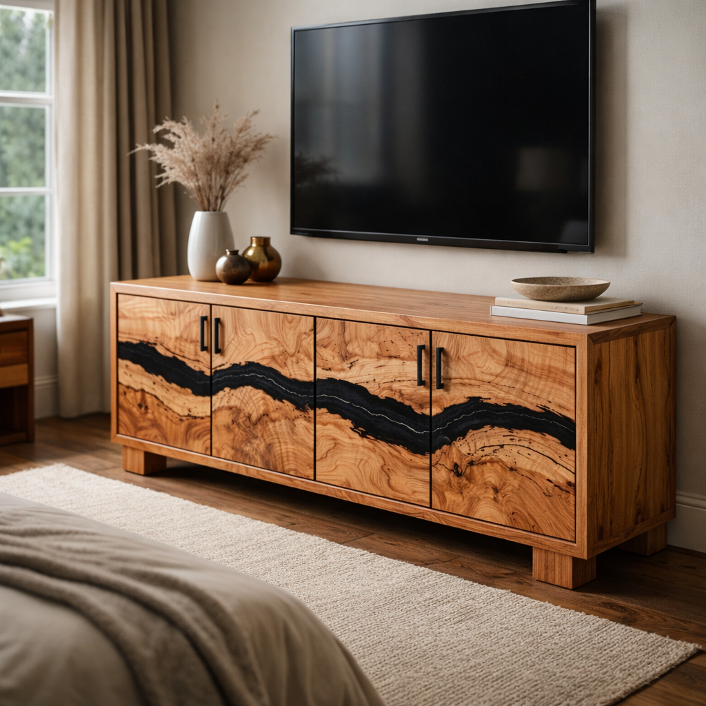 Mid Century Live Edge TV Cabinet with Unique Wood Grain and Contrast Inlays