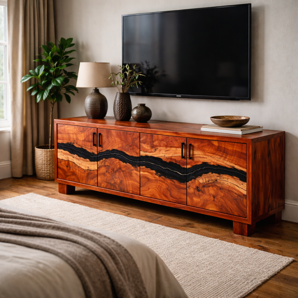 Mid Century Live Edge TV Cabinet with Unique Wood Grain and Contrast Inlays