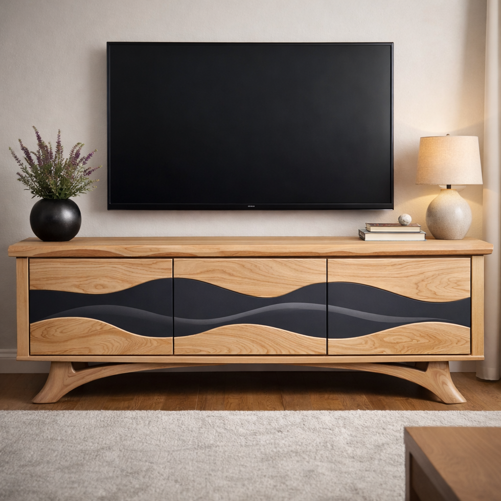Modern Wood TV Stand with Sculpted Waves and Dark Accents