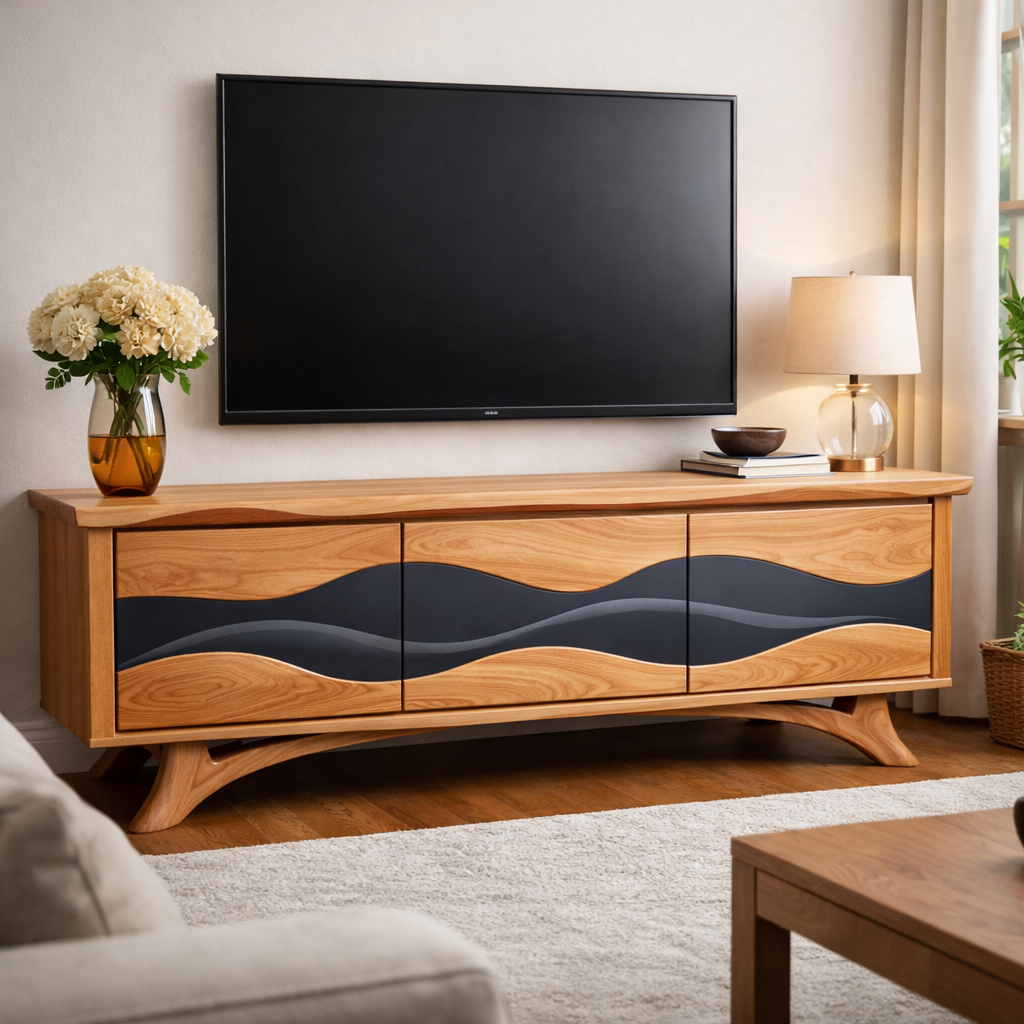 Modern Wood TV Stand with Sculpted Waves and Dark Accents