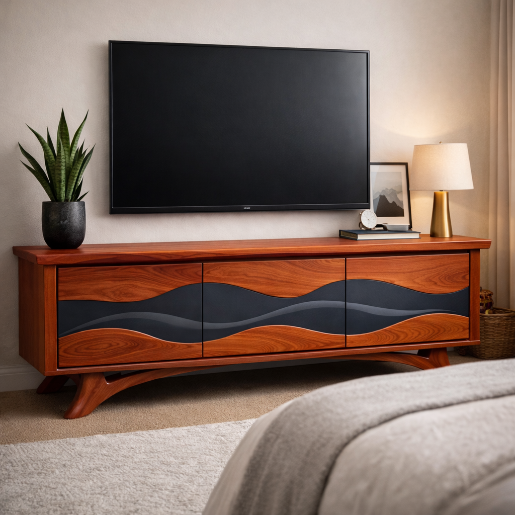 Modern Wood TV Stand with Sculpted Waves and Dark Accents