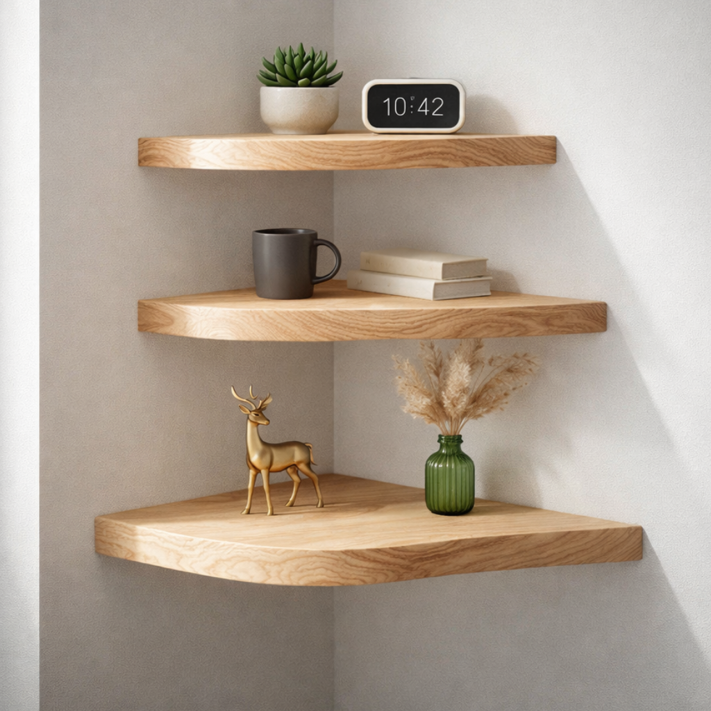 Live Edge Corner Shelf with Natural Wood Curves for Unique Wall Storage