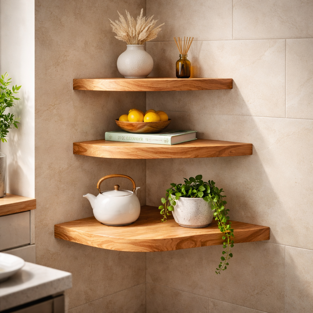 Live Edge Corner Shelf with Natural Wood Curves for Unique Wall Storage