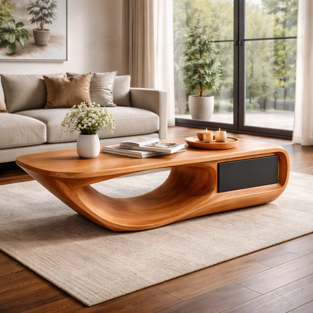 Sculptural Coffee Table with Curved Live Edge Design and Hidden Storage