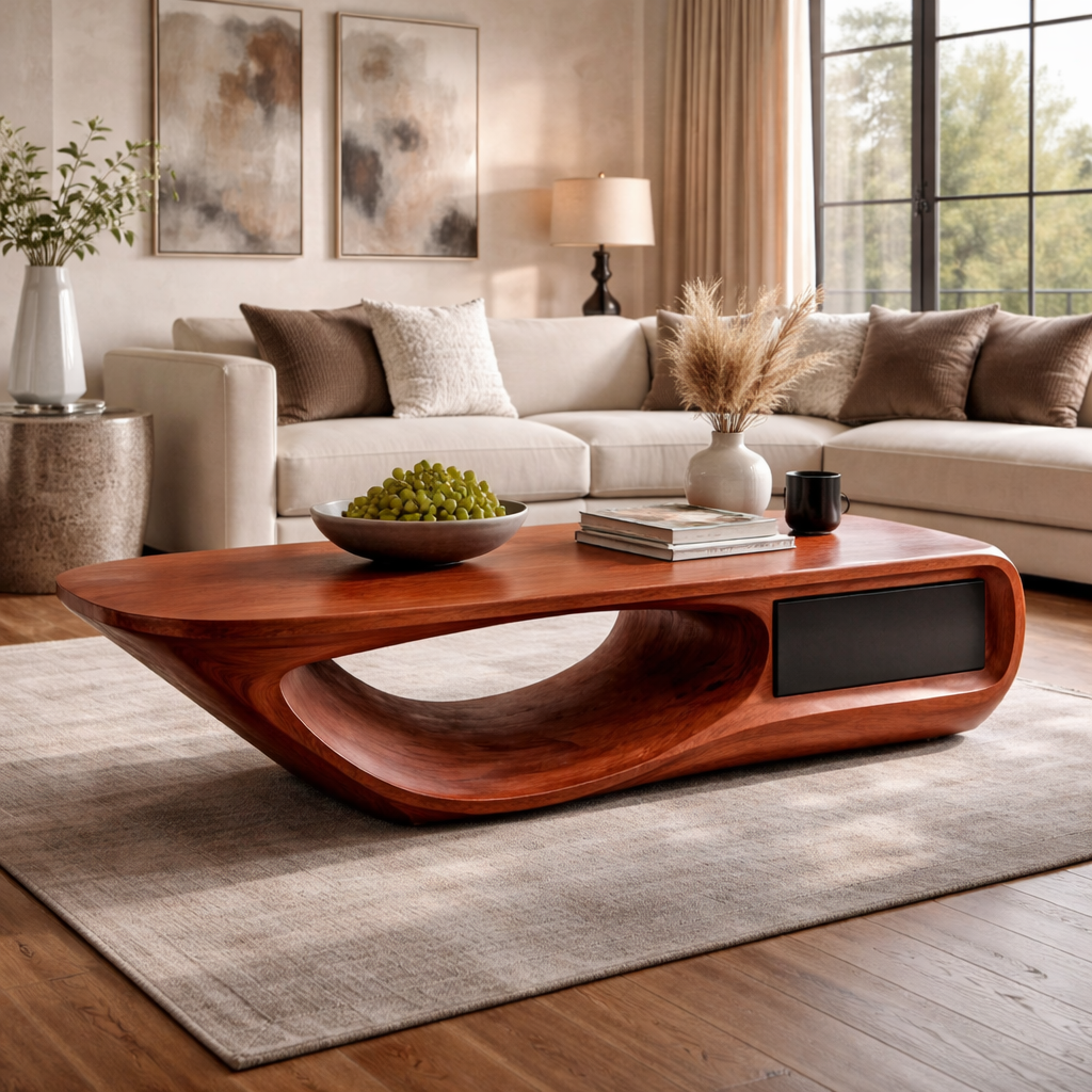 Sculptural Coffee Table with Curved Live Edge Design and Hidden Storage