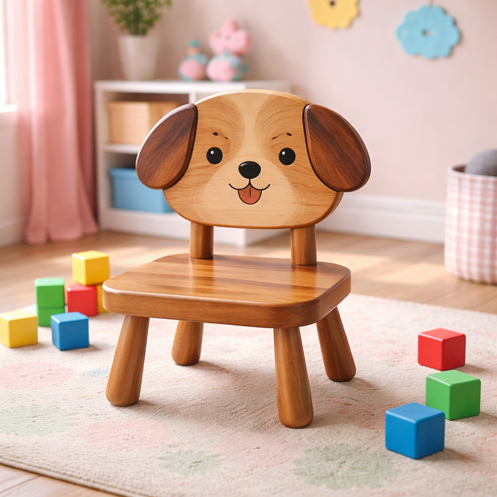 Kids Wooden Chair with Dog or Cat Design, Toddler Playroom Furniture