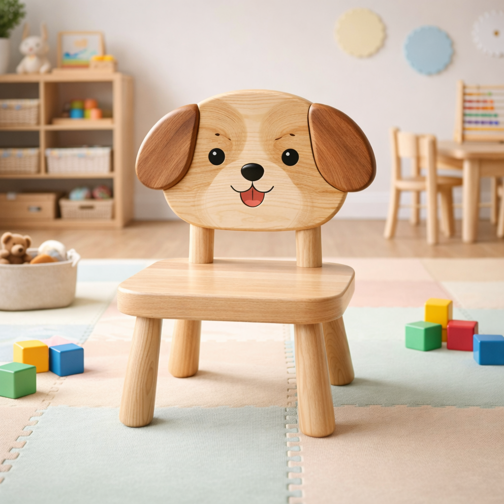 Kids Wooden Chair with Dog or Cat Design, Toddler Playroom Furniture