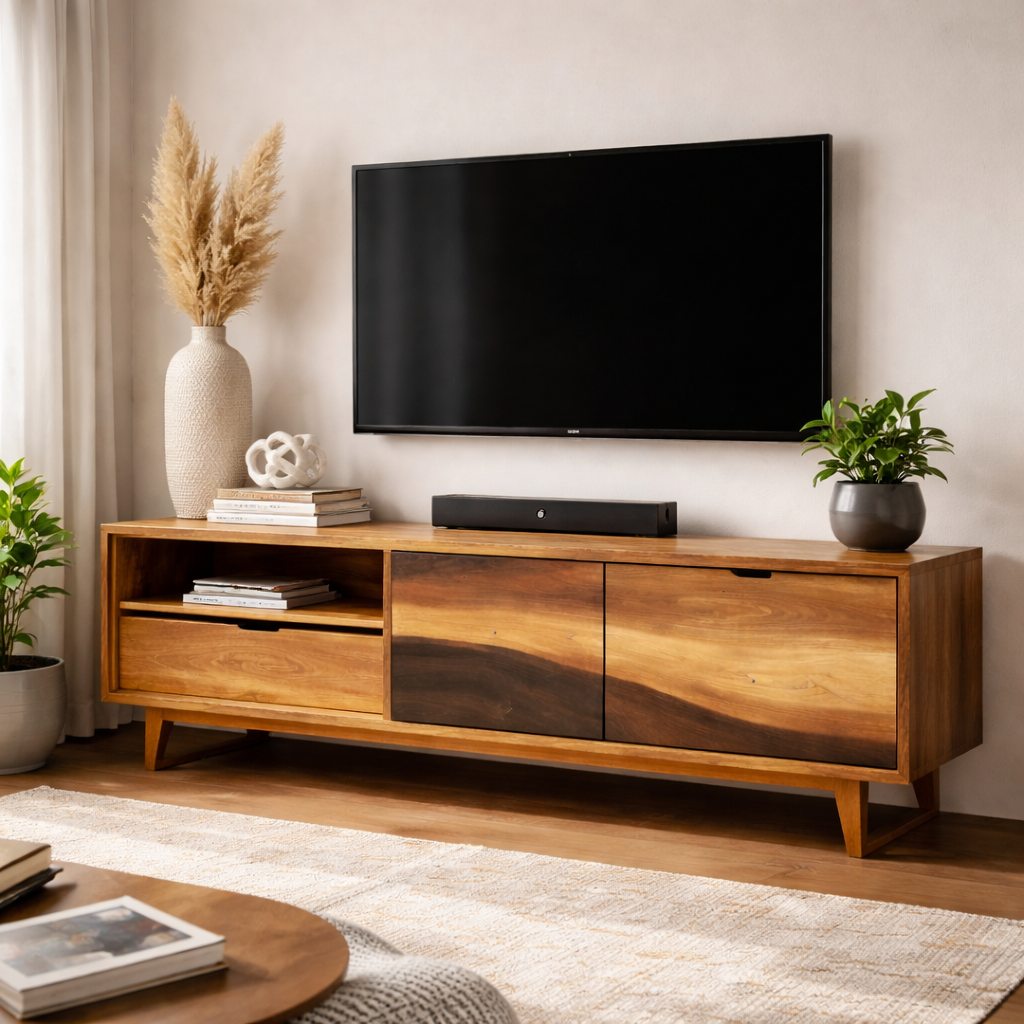 Sleek TV Stand with Live Edge Detailing and Open Storage Space