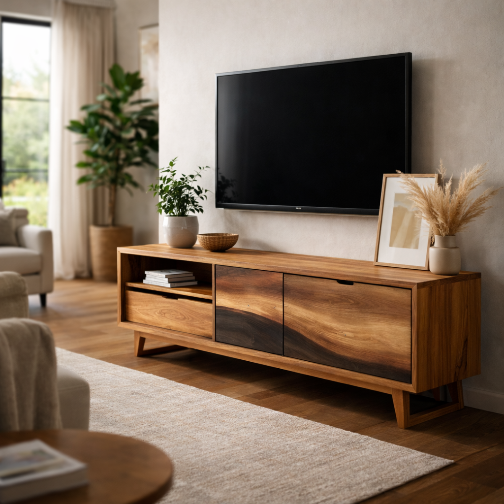 Sleek TV Stand with Live Edge Detailing and Open Storage Space
