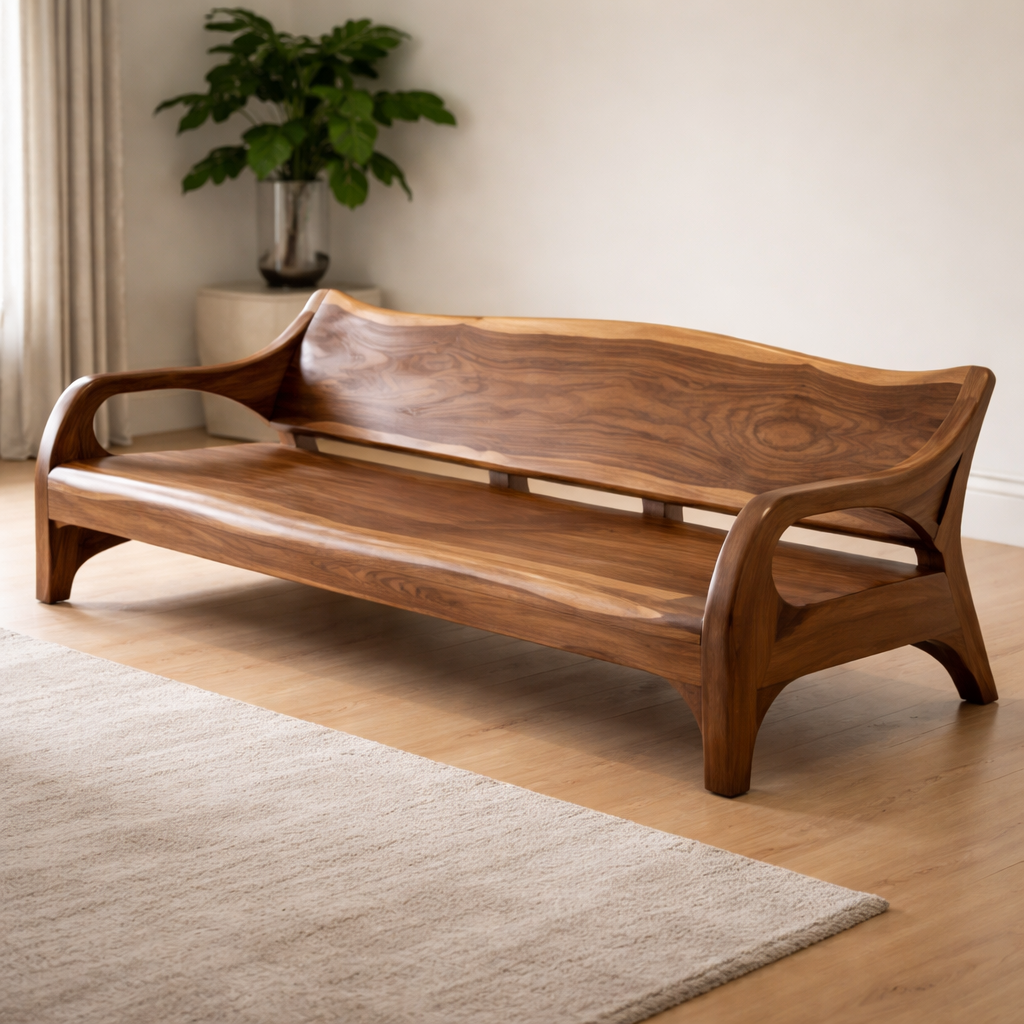 Modern Sculptural Sofa with Curved Wood Frame and Plush Cushions