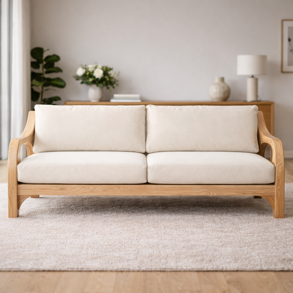 Modern Sculptural Sofa with Curved Wood Frame and Plush Cushions
