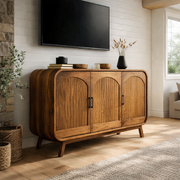 Mid-Century Modern TV Cabinet with Arched Doors and Spacious Storage