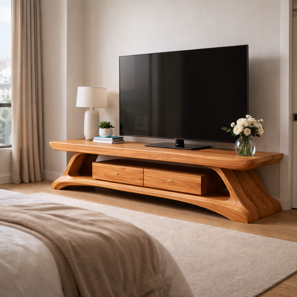 Sculptural Solid Wood TV Stand with Organic Curves and Elegant Design