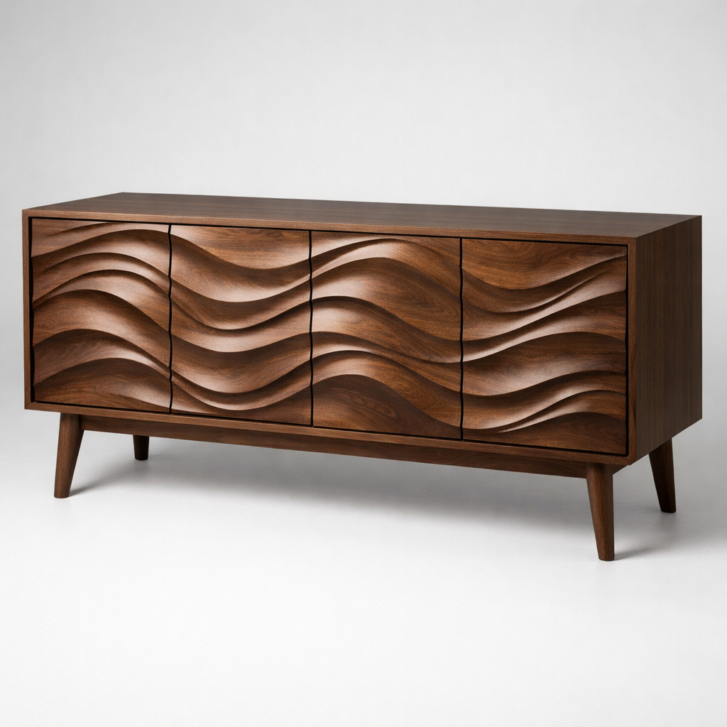 Handcrafted Solid Wood TV Stand, 4-Door Sculpted Front