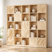 Handcrafted Solid Wood Bookshelf With Sculpted Wave Door Panels
