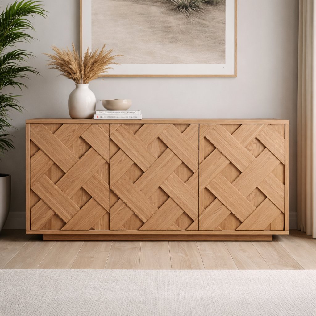 Handcrafted Solid Wood Cabinet Shoe Storage With Geometric Front