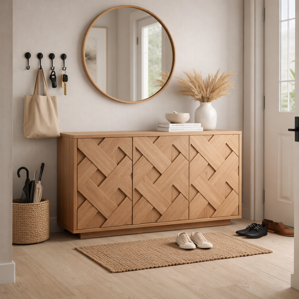 Handcrafted Solid Wood Cabinet Shoe Storage With Geometric Front