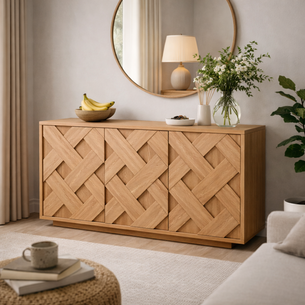 Handcrafted Solid Wood Cabinet Shoe Storage With Geometric Front