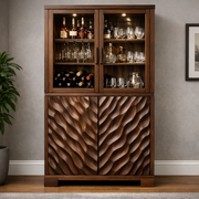 Handcrafted Solid Wood Bar Cabinet With Glass Display And Carved Doors