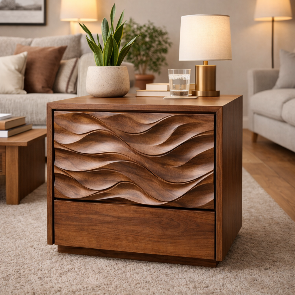 Handcrafted Solid Wood End Table Nightstand With Sculpted Wave Drawer