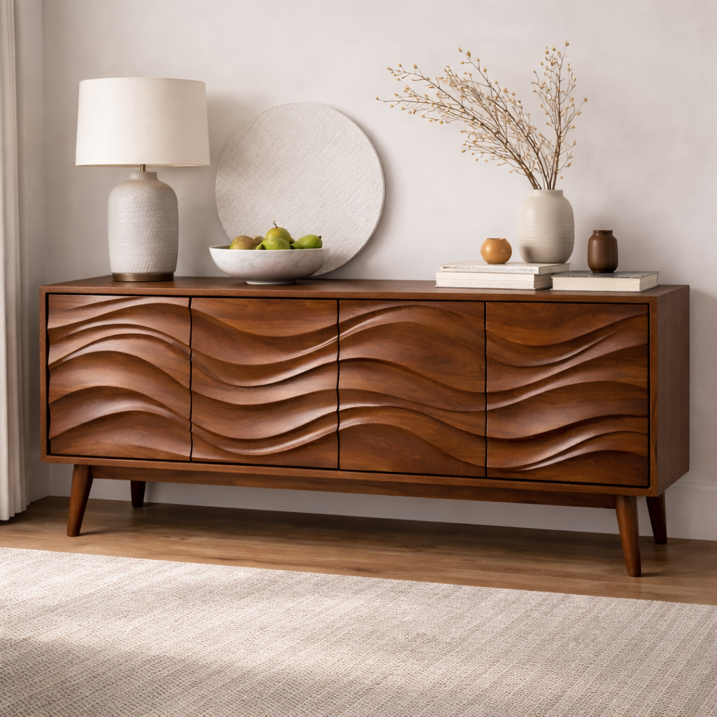 Handcrafted Solid Wood TV Stand, 4-Door Sculpted Front