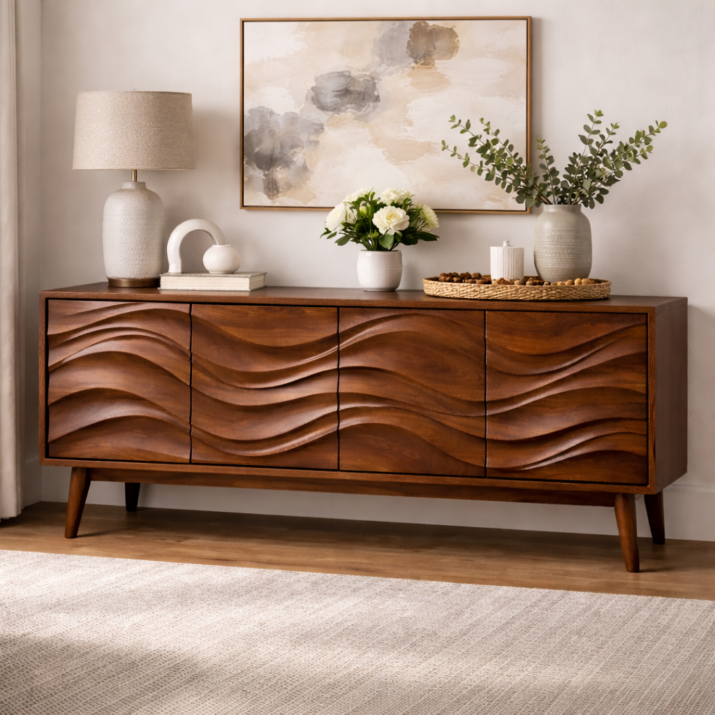 Handcrafted Solid Wood TV Stand, 4-Door Sculpted Front