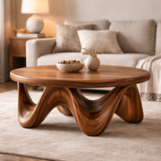 Handcrafted Solid Wood Round Coffee Table With Sculptural Wave Base