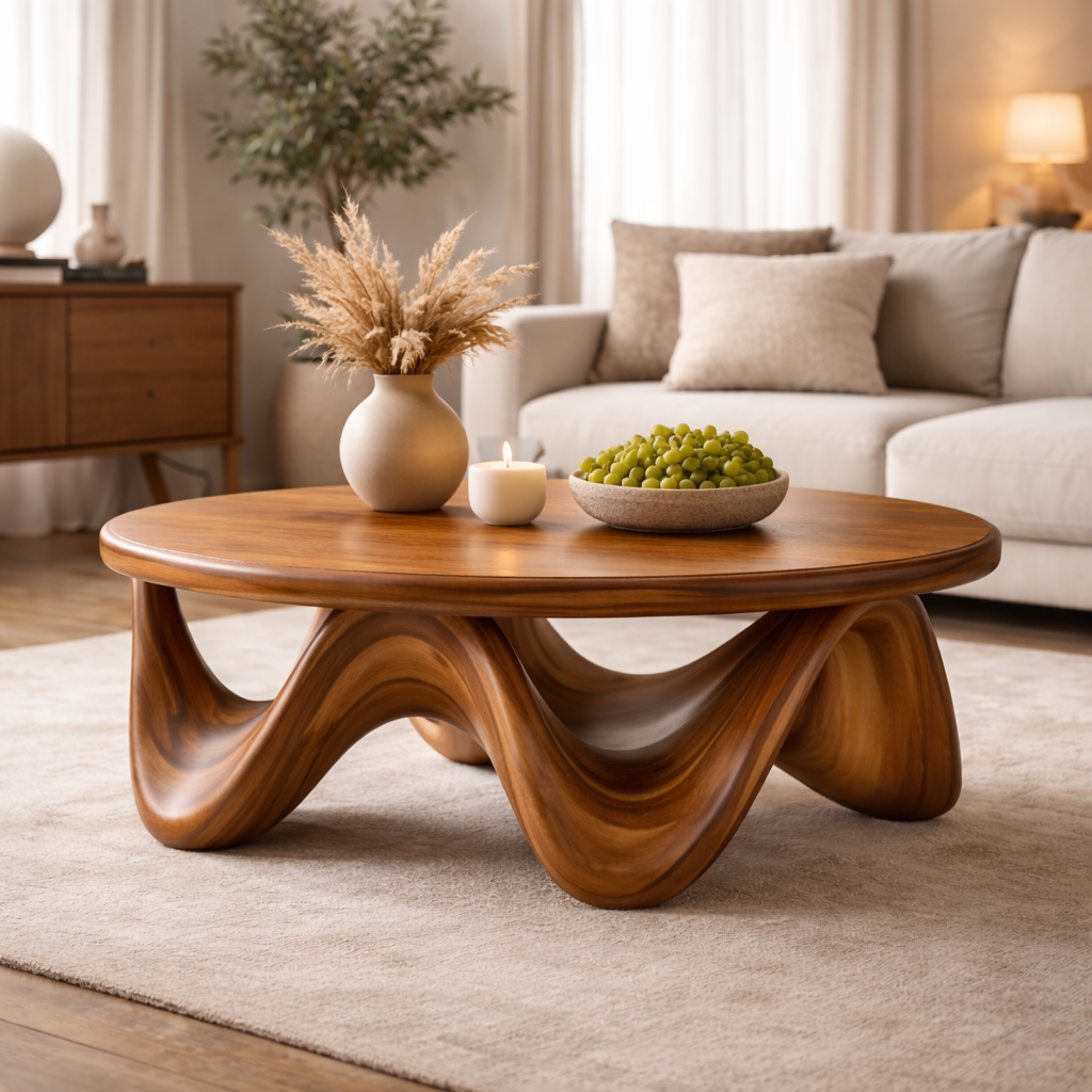 Handcrafted Solid Wood Round Coffee Table With Sculptural Wave Base