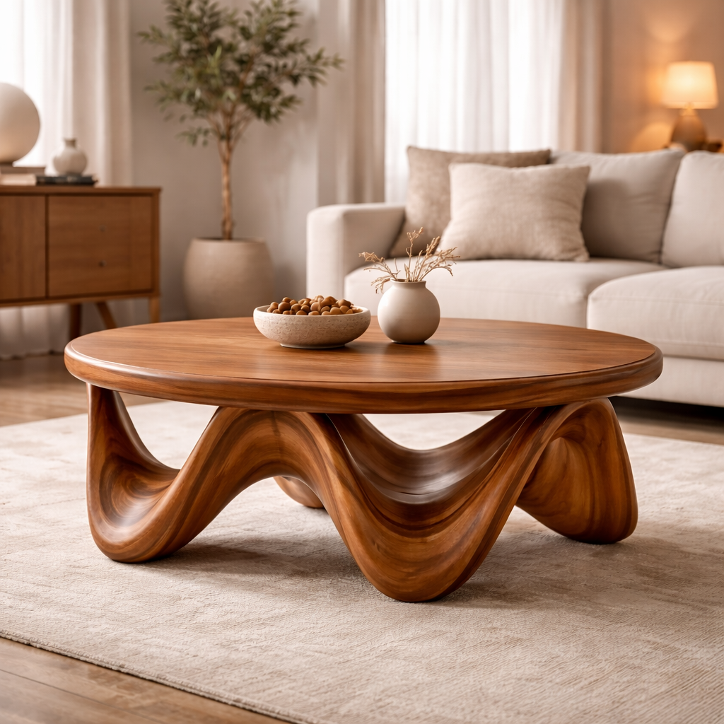 Handcrafted Solid Wood Round Coffee Table With Sculptural Wave Base