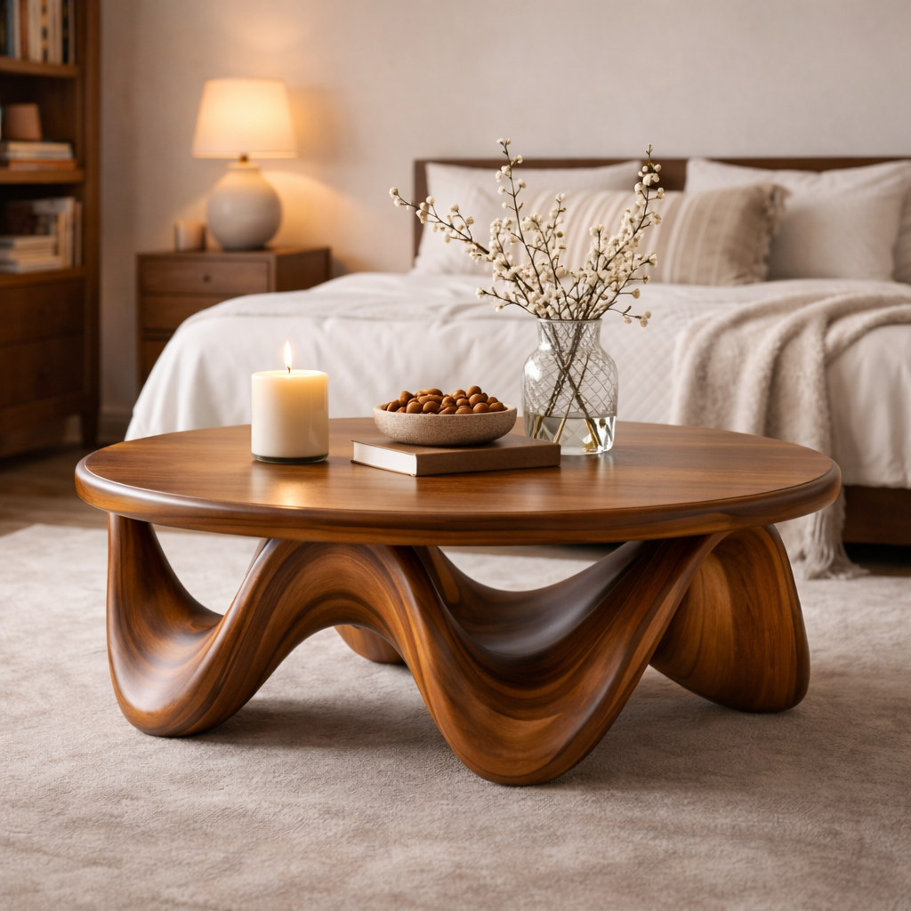 Handcrafted Solid Wood Round Coffee Table With Sculptural Wave Base