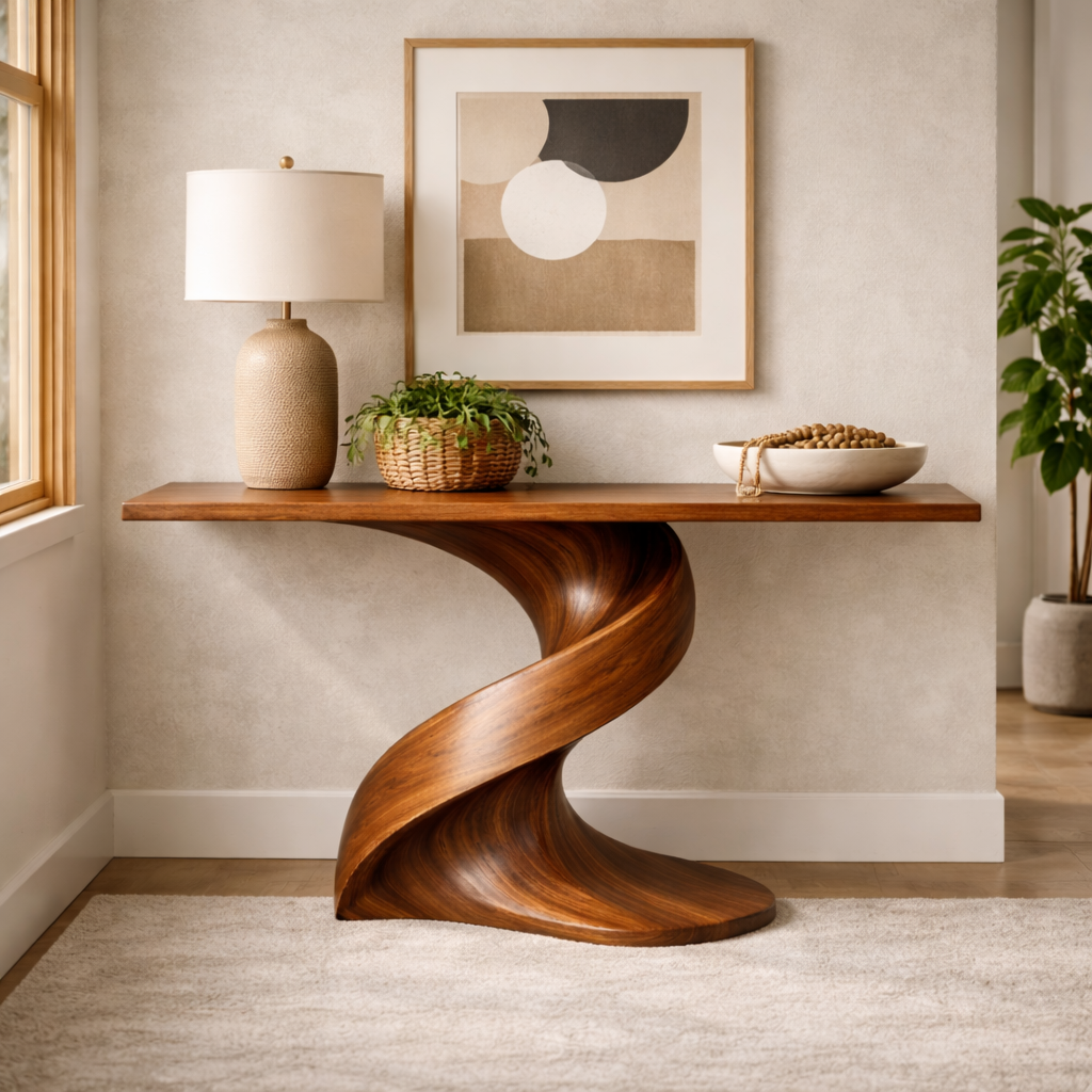 Handcrafted Solid Wood Console Table With Sculptural Twist Base