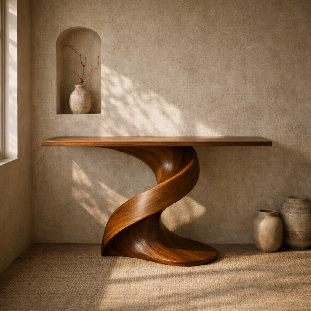 Handcrafted Solid Wood Console Table With Sculptural Twist Base