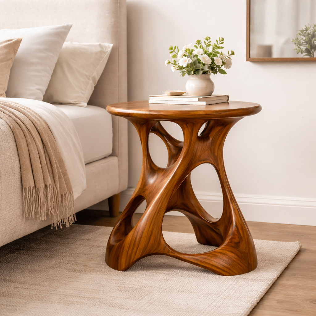 Handcrafted Solid Wood Side Table With Sculptural Open Base