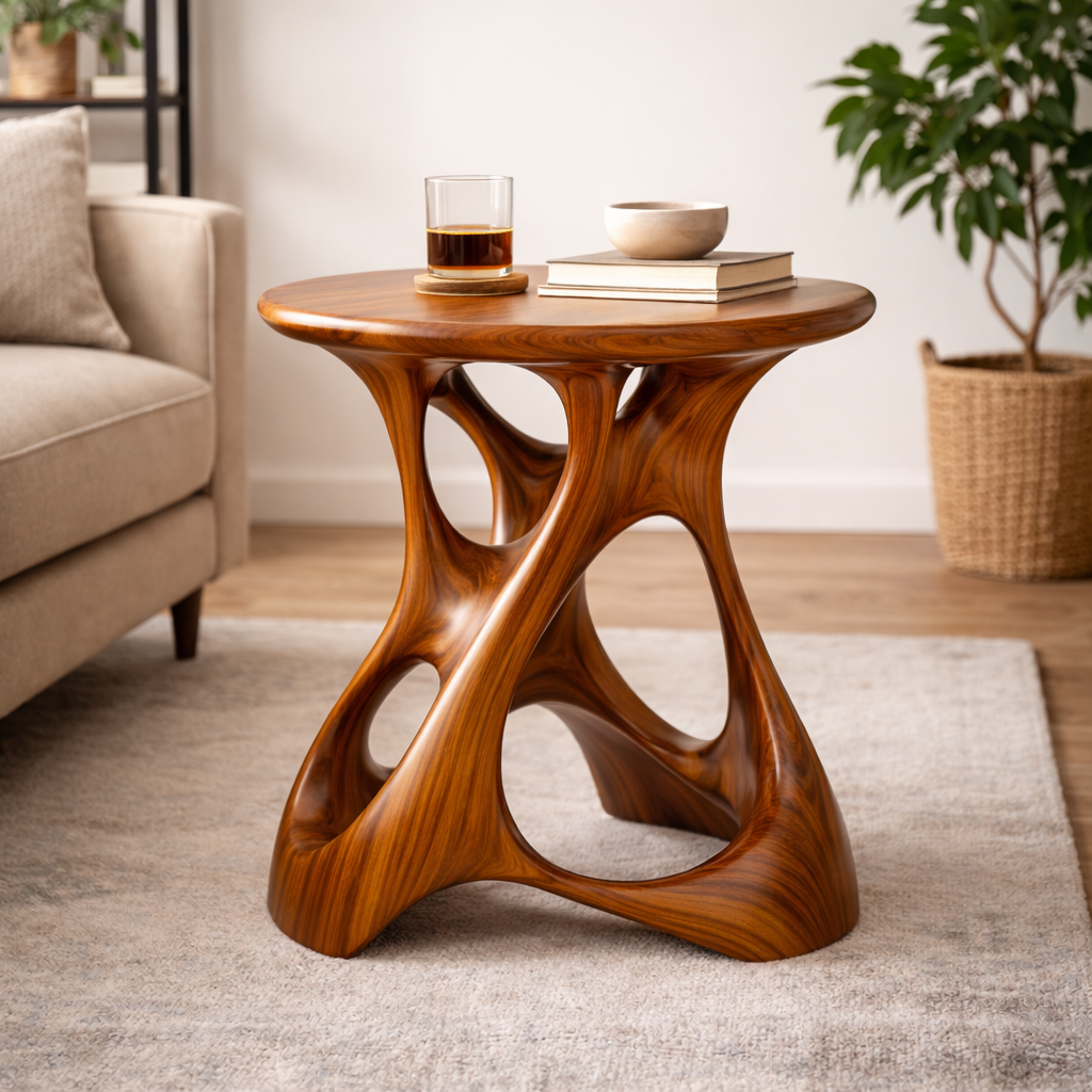 Handcrafted Solid Wood Side Table With Sculptural Open Base