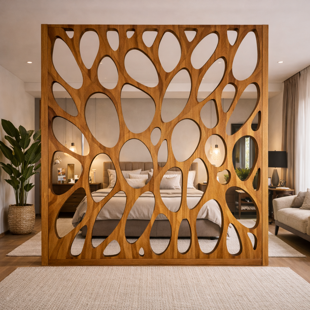 Handcrafted Solid Wood Room Divider, Sculptural Open Space Screen