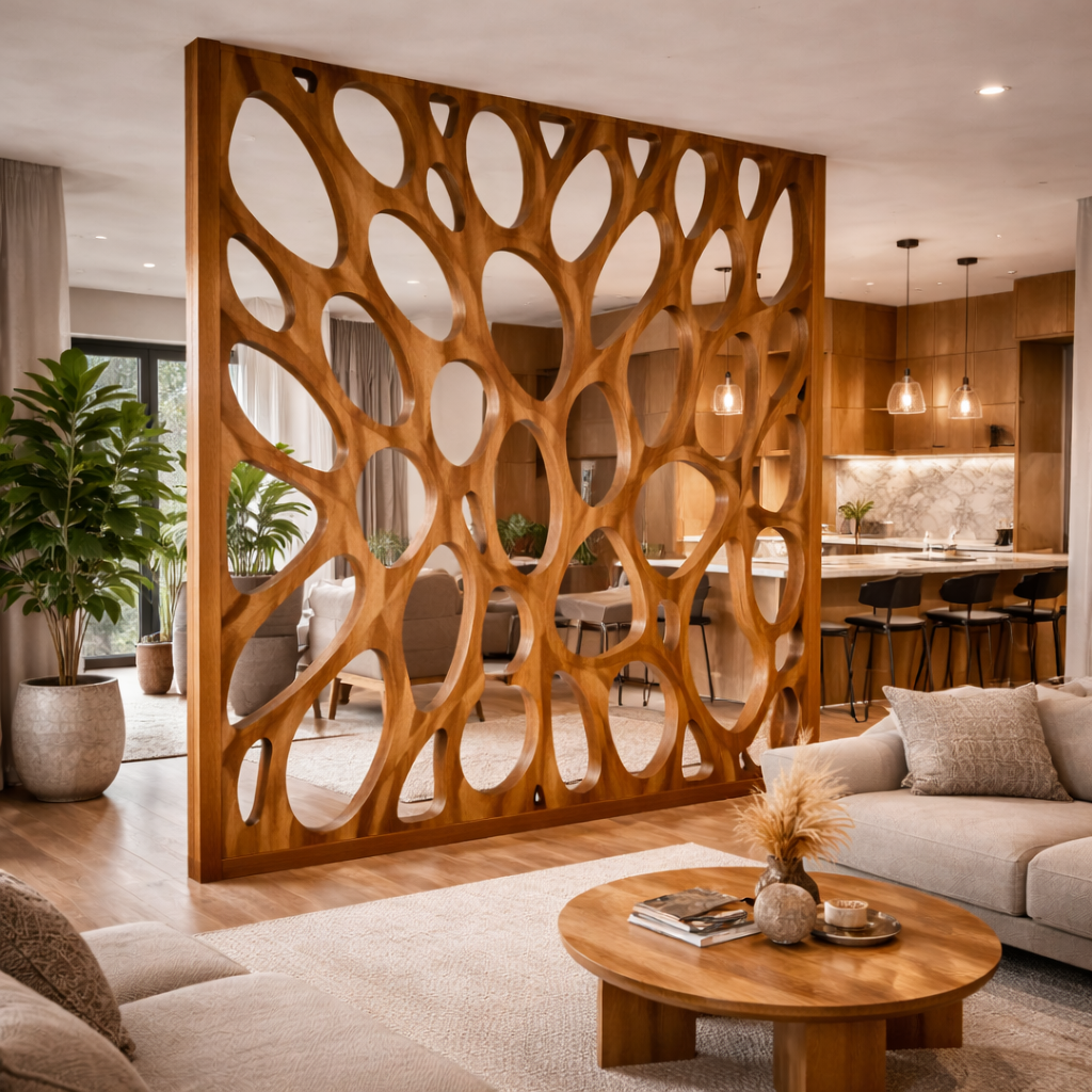 Handcrafted Solid Wood Room Divider, Sculptural Open Space Screen