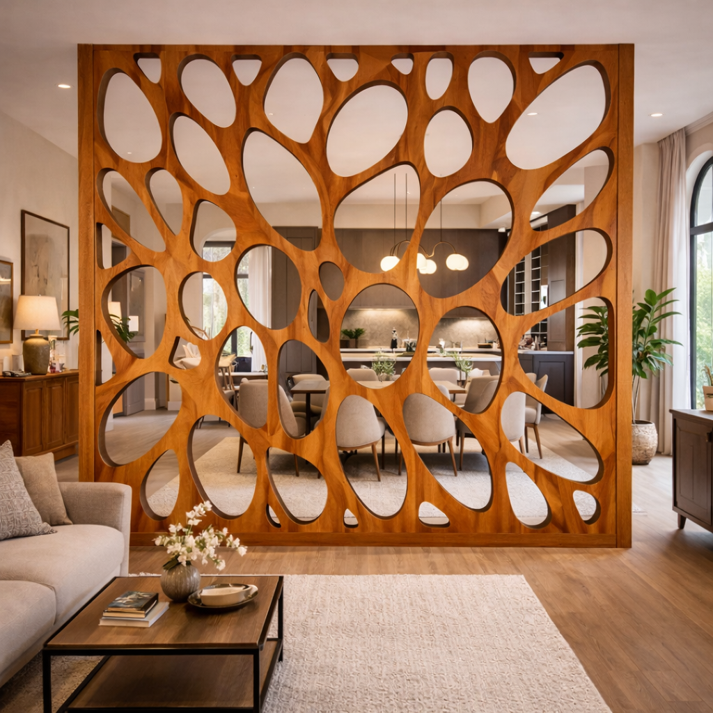 Handcrafted Solid Wood Room Divider, Sculptural Open Space Screen