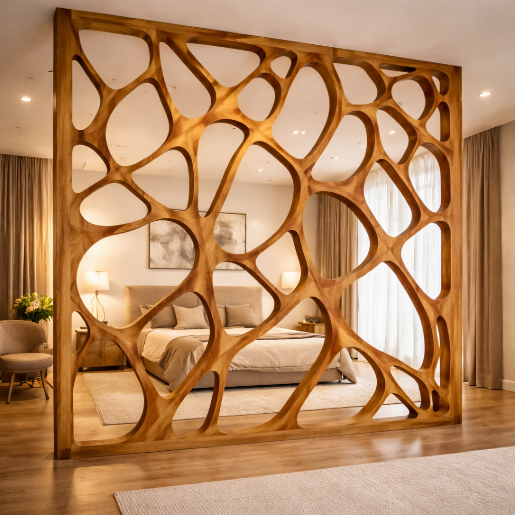 Handcrafted Solid Wood Room Divider, Organic Cutout Statement Screen