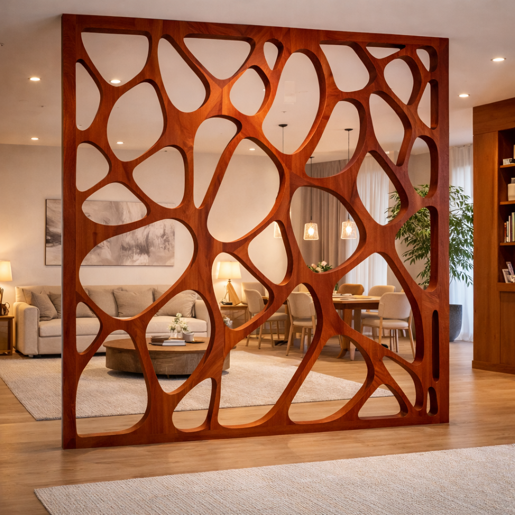 Handcrafted Solid Wood Room Divider, Organic Cutout Statement Screen