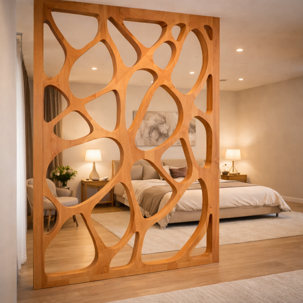 Handcrafted Solid Wood Room Divider, Organic Cutout Statement Screen