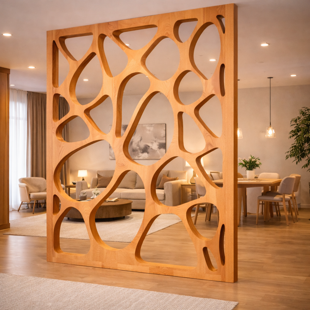 Handcrafted Solid Wood Room Divider, Organic Cutout Statement Screen