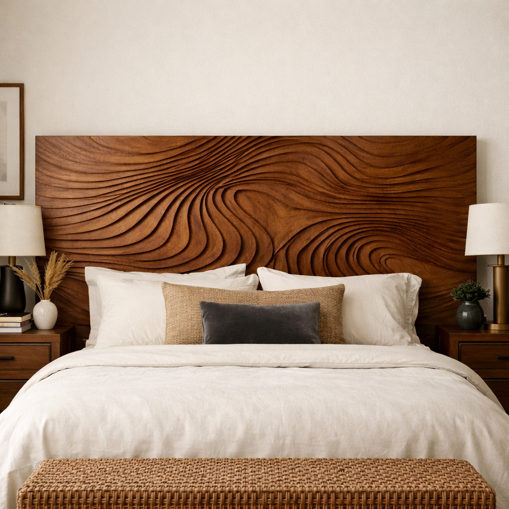 Handcrafted Solid Wood Headboard, Sculpted Wave Panel Bed Headboard