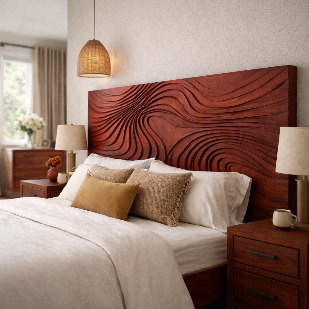 Handcrafted Solid Wood Headboard, Sculpted Wave Panel Bed Headboard