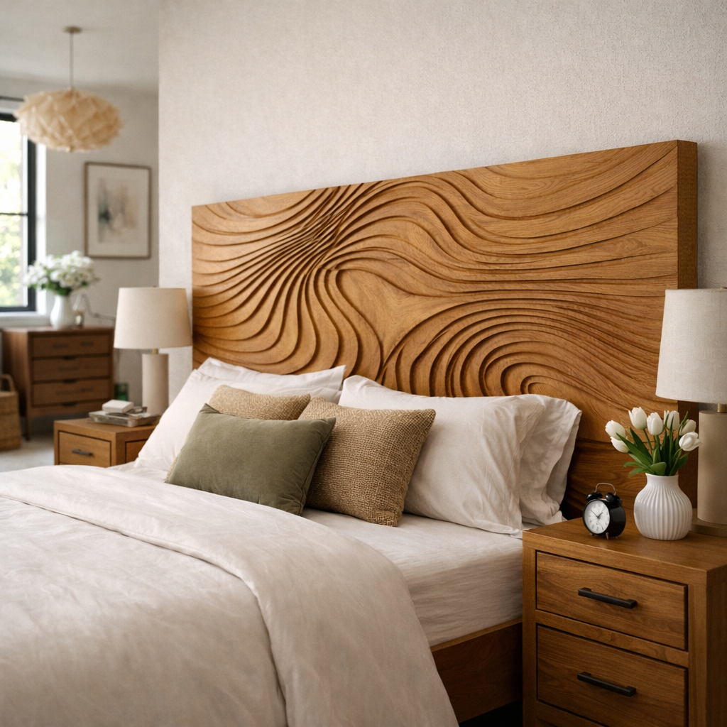 Handcrafted Solid Wood Headboard, Sculpted Wave Panel Bed Headboard