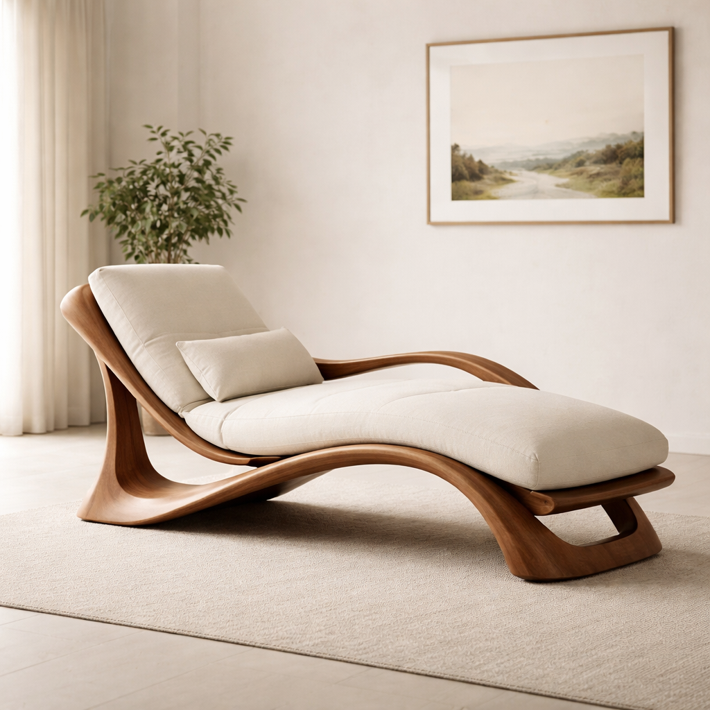 Handcrafted Solid Wood Chaise Lounge, Sculpted Modern Reclining Chair