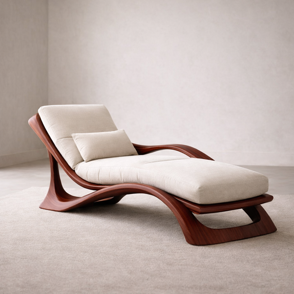 Handcrafted Solid Wood Chaise Lounge, Sculpted Modern Reclining Chair