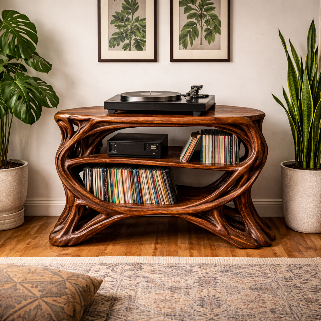 Handcrafted Solid Wood Record Player Stand, Organic Vinyl Storage Console