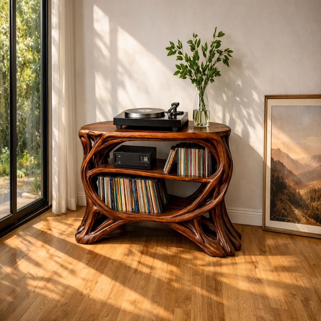 Handcrafted Solid Wood Record Player Stand, Organic Vinyl Storage Console