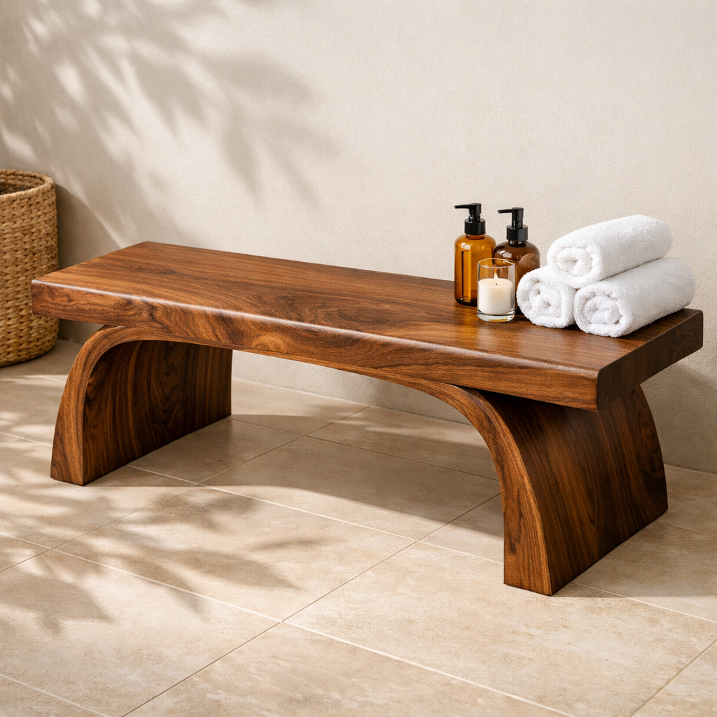 Handcrafted Solid Wood Shower Bench, Organic Spa Bathroom Furniture