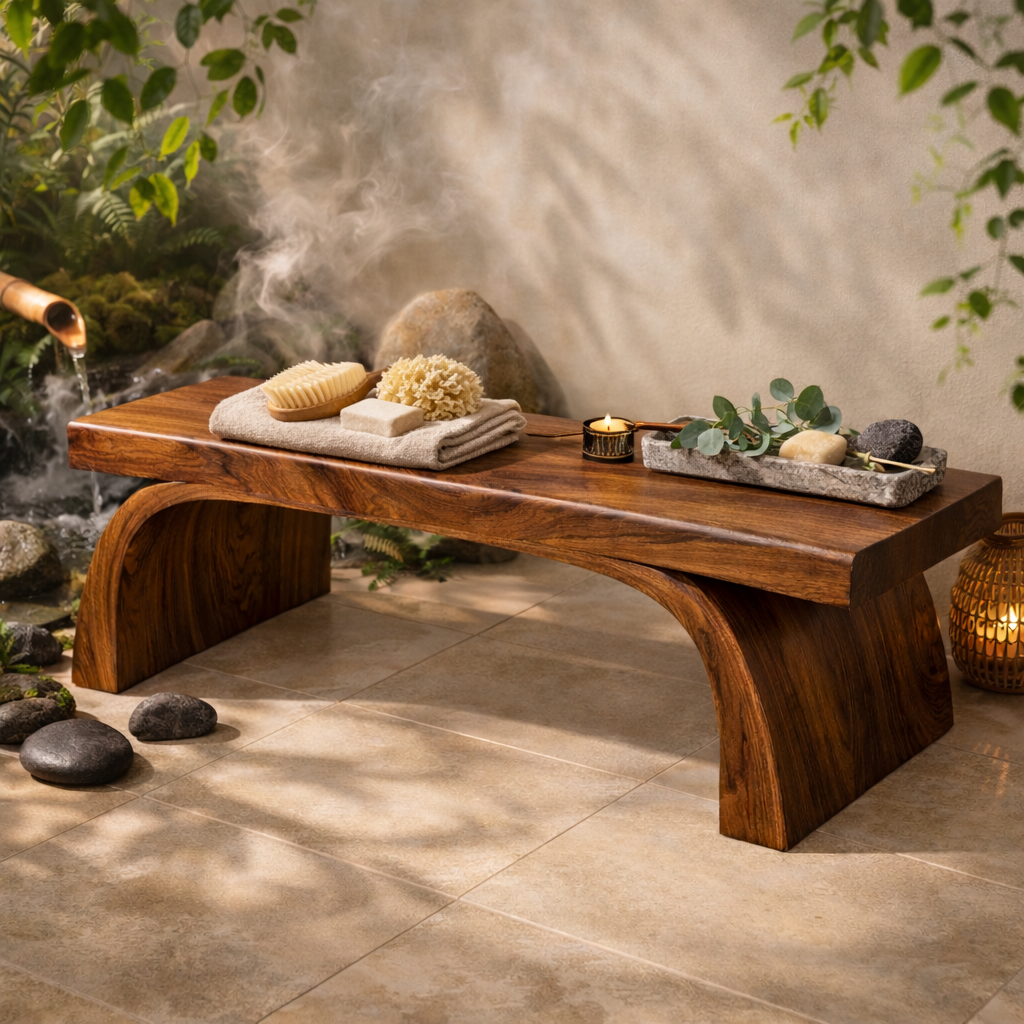 Handcrafted Solid Wood Shower Bench, Organic Spa Bathroom Furniture